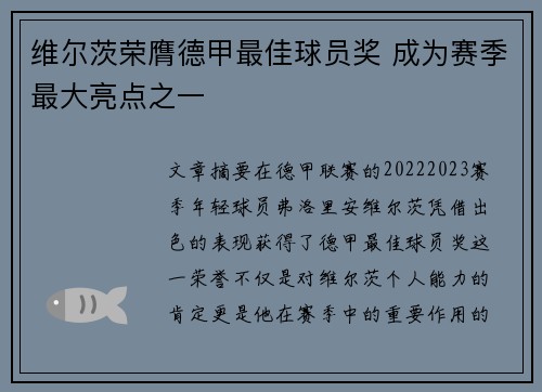 维尔茨荣膺德甲最佳球员奖 成为赛季最大亮点之一
