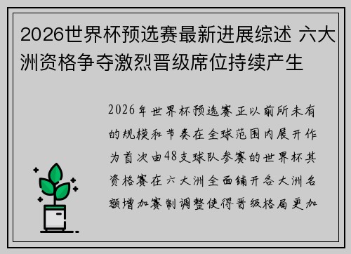 2026世界杯预选赛最新进展综述 六大洲资格争夺激烈晋级席位持续产生 2026世界杯预选赛最新进展综述 六大洲资格争夺激烈晋级席位持续产生
